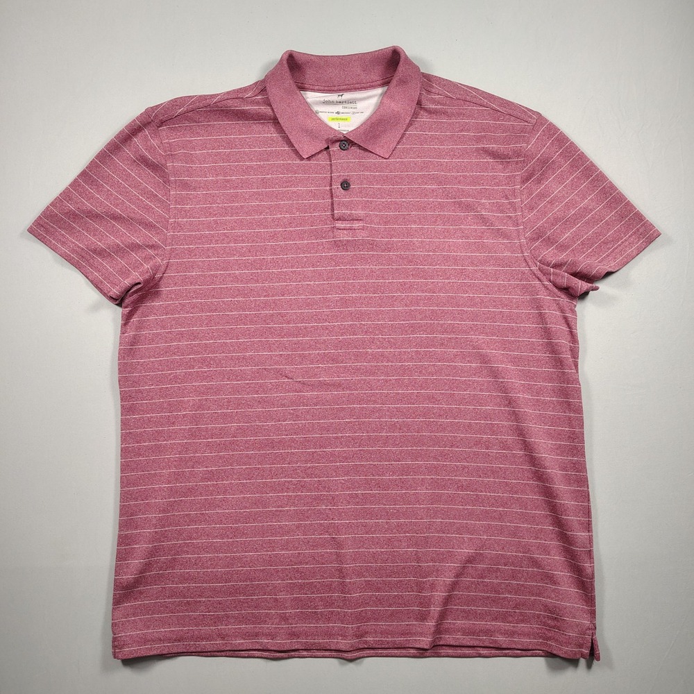 John‎ Bartlett Polo Mens L Maroon Striped Performance Moisture Wicking Polyester